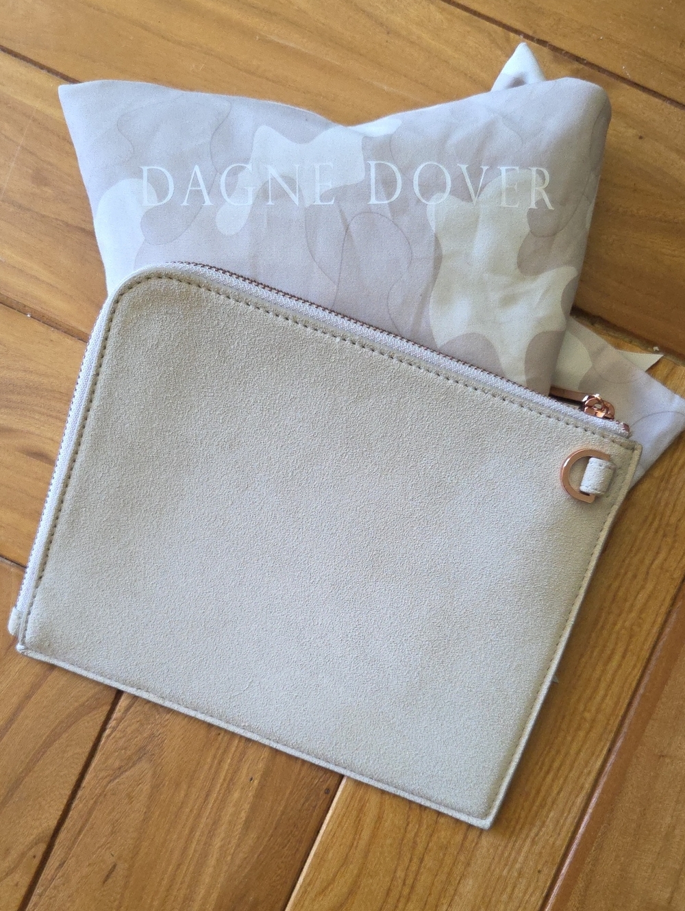 Dagne Dover Sandstone Suede Zip Pouch with Rose Gold Hardware